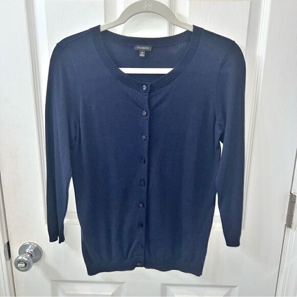 Talbots Vintage Y2K Navy Blue slightly scoopneck button up cardigan sz XS - Picture 1 of 7